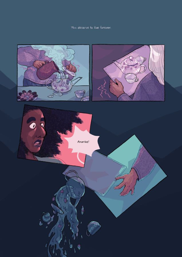 PAGE 04. Comic page from Leaf Lace by Ashanti Fortson. Narration at the top of the page reads, You deserve to live forever. Mnimi, the old, mortal wife of the life-spinning goddess, shakily prepares a pot of tea. She shakes as she carries it to her wife, who is in her studio. Mnimi cries out for Ananke, her wife. She falls, dropping the tray, teapot, and teacups. The panel layout echoes this fall: the panels become irregular, tumbling down the composition. The page is illustrated in purples, hot pinks, and 