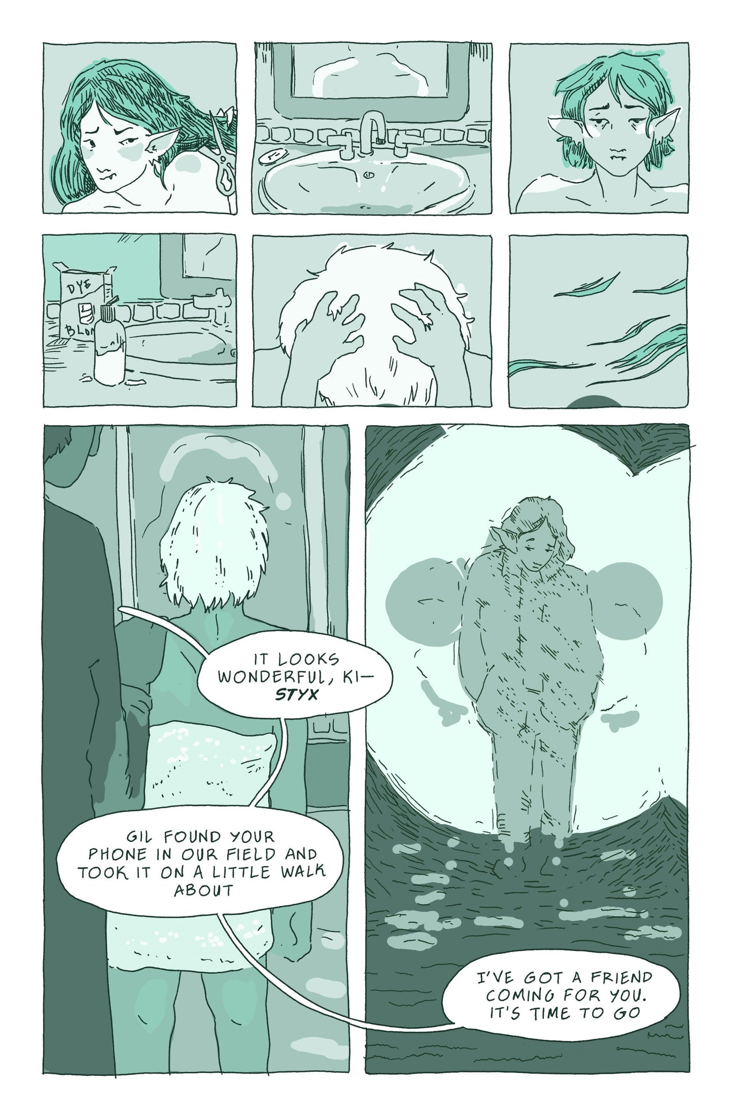 Sample Page 3: In the first panel, young Phoebe, or YP, now has pink hair and stands proudly in front of a colorful bakery called Bake Goodness. Phoebe continues to narrate  from the party and says, “I had it all planned out. I was going to own a bakery…” In the second panel, YP cheerfully hands over a bag to a customer from behind the counter of the bakery. In the third panel, YP puts baked goods into a bag and Phoebe says, “… but because I was a confused junior feminist, I thought baking bread was sexist…