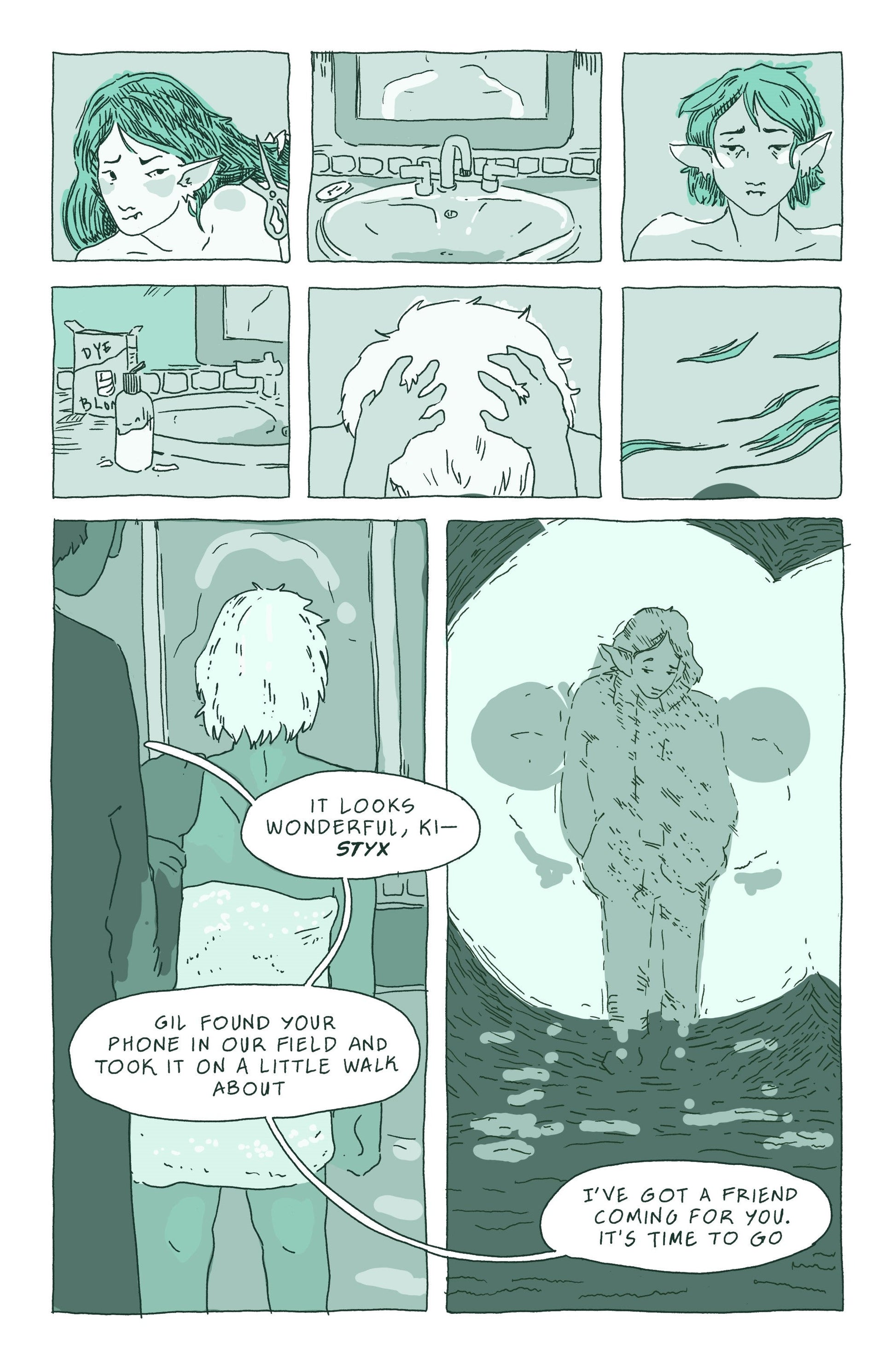 Sample Page 3: In the first panel, young Phoebe, or YP, now has pink hair and stands proudly in front of a colorful bakery called Bake Goodness. Phoebe continues to narrate  from the party and says, “I had it all planned out. I was going to own a bakery…” In the second panel, YP cheerfully hands over a bag to a customer from behind the counter of the bakery. In the third panel, YP puts baked goods into a bag and Phoebe says, “… but because I was a confused junior feminist, I thought baking bread was sexist…