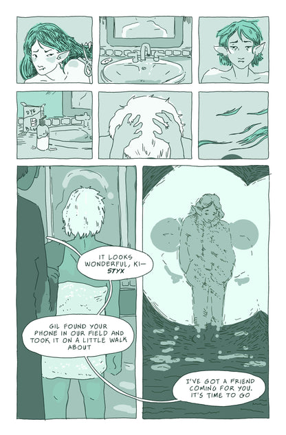 Sample Page 3: In the first panel, young Phoebe, or YP, now has pink hair and stands proudly in front of a colorful bakery called Bake Goodness. Phoebe continues to narrate  from the party and says, “I had it all planned out. I was going to own a bakery…” In the second panel, YP cheerfully hands over a bag to a customer from behind the counter of the bakery. In the third panel, YP puts baked goods into a bag and Phoebe says, “… but because I was a confused junior feminist, I thought baking bread was sexist…