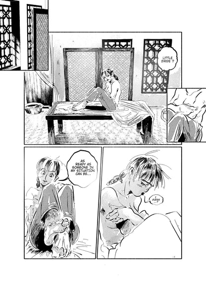In the following page, when being called "little bride" by Zoulikha, Najwa can’t hide her unease at the loaded question. She has long dark hair and is sitting in a long cushy table. She clearly has the shyness of youth, hiding her breasts. She’s naked from the waist up, and mutters that she’s as ready as someone in her situation can be.