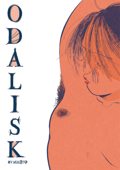 The cover of ODALISK features Najwa, a young bride. It is quite graphic in style and has Najwa looking down away from the viewer, a blush sitting high on her cheeks while one arm is raised, showing off the generous hair of her armpit and the swirly hair around her nipples.