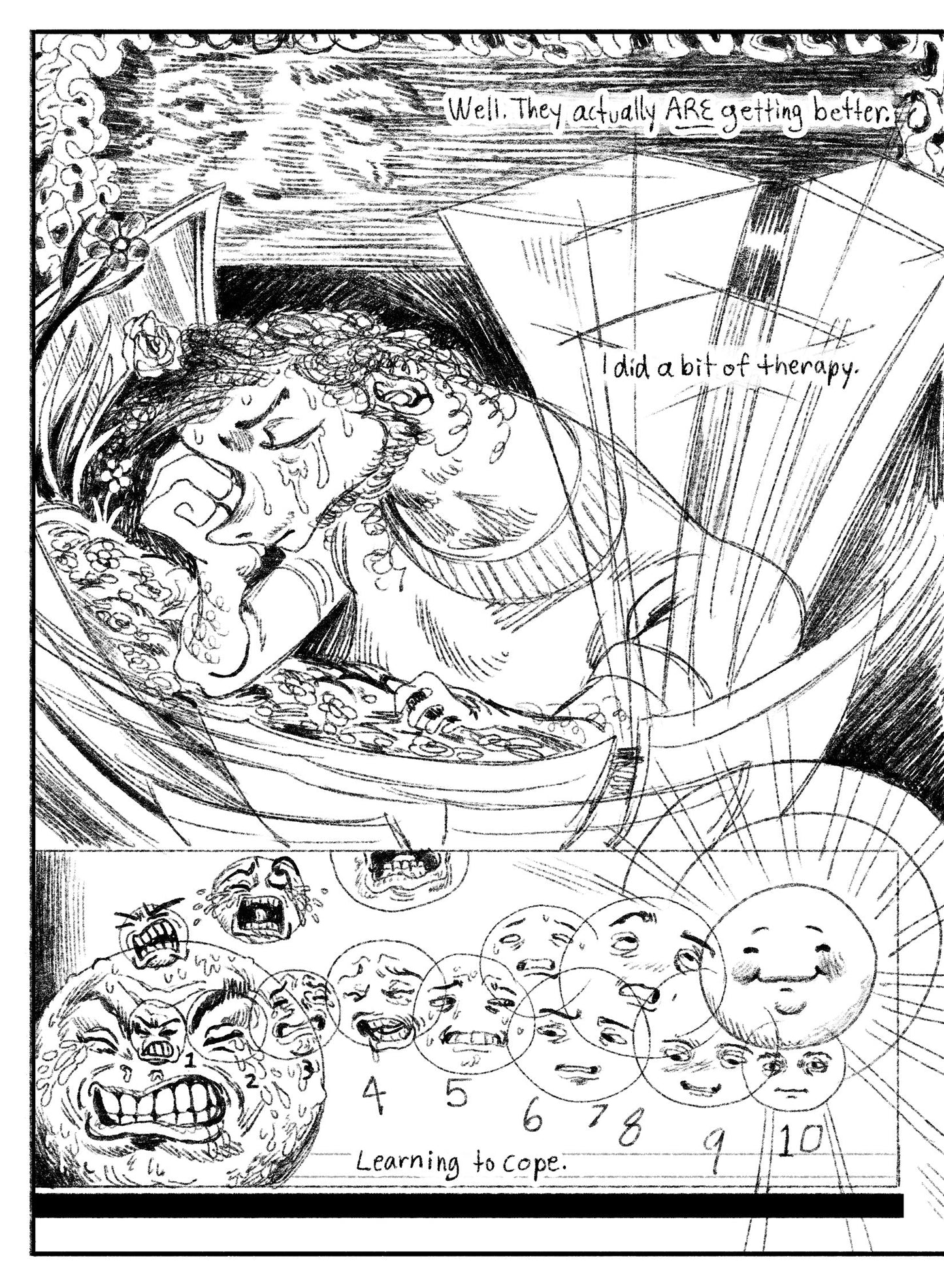 01:
Panel 1: Close up of a stressed face, mouth off screen, in a horizontally hatched linework style. Text: Well. They actually ARE getting better.
Panel 2: a figure sits at a computer desk, sweating and crying. The figure is abstractly styled with odd proportions. Their desk is covered in flowers, whole multiple paper like panels overlap around him like screens. Behind him are three large geometric rectangle rising from the ground, in a sketch style. Text: I did a bit of therapy.
Panel 3: Multiple faces fr