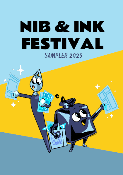 Nib and Ink Festival Sampler 2025
An illustration of the Cooperative's mascots Inkling (an ink pot) and Nibford (a dip pen) browsing an aisle full of blue glowing digital comics, picking some up and admiring them in excitement.