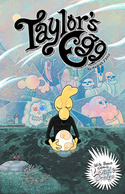 Cover: Taylor stands, submerged in salt water from the waist down. Their expression is solemn, eyes closed and head turned down. They hold their egg, also partially in the water. Behind Taylor the sky is fragmented. Cracks in the sky radiate from Taylor’s head. The sky is filled with the faces of Taylor’s friends and acquaintances. Each character taking up a portion of the shattered sky. Most of them looking concerned.