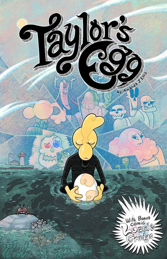 Cover: Taylor stands, submerged in salt water from the waist down. Their expression is solemn, eyes closed and head turned down. They hold their egg, also partially in the water. Behind Taylor the sky is fragmented. Cracks in the sky radiate from Taylor’s head. The sky is filled with the faces of Taylor’s friends and acquaintances. Each character taking up a portion of the shattered sky. Most of them looking concerned.