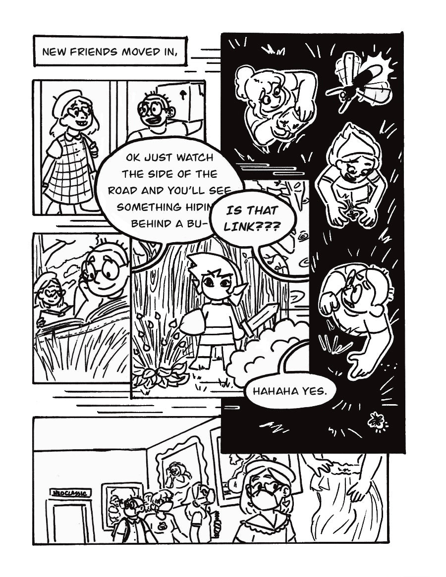 Another page of the comic: Narration reads: “New friends moved in,”
P1: A panel of a new roommate arriving, Abby, in a beret. Lee carries a box.
P2: Abby and Lee read in the grass outside.
P3: Sophie, Arielle, and Lee run through a dark field. Sophie smiles while holding a jar of fireflies. Arielle excitedly catches one. A firefly flies by over top. Lee (afraid of bugs) worriedly runs from one of the fireflies.
P4: Lee, Sophie, Arielle, and Abby visit the Cleveland Art Museum, masked and walking through the