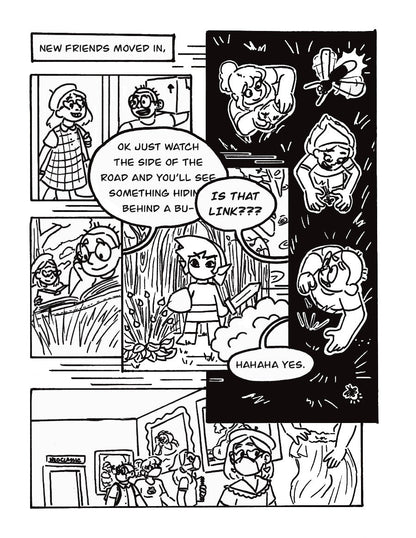 Another page of the comic: Narration reads: “New friends moved in,”
P1: A panel of a new roommate arriving, Abby, in a beret. Lee carries a box.
P2: Abby and Lee read in the grass outside.
P3: Sophie, Arielle, and Lee run through a dark field. Sophie smiles while holding a jar of fireflies. Arielle excitedly catches one. A firefly flies by over top. Lee (afraid of bugs) worriedly runs from one of the fireflies.
P4: Lee, Sophie, Arielle, and Abby visit the Cleveland Art Museum, masked and walking through the