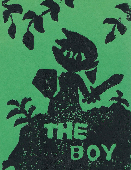 Cover: A green cover with black block printing on it. Leaves on vines hang down from the top of the cover, and a figure stands in the brush on a hill, silhouetted. The figure is Link from Legend of Zelda, holding his shield and a sword.