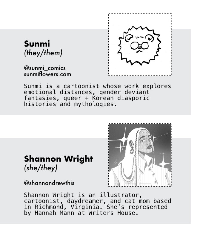 PAGE 28. Credits page from the essay zine titled The Broken Heart at The Center of Comics. This page shows the profile photos, names, pronouns, websites, and short bios for two of the essay creators, Sunmi and Shannon Wright.