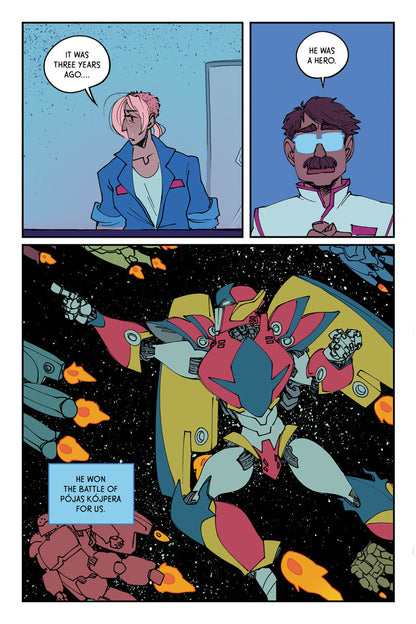Page 2 - The protagonist looks to the side wistfully and says, "It was three years ago...". Panel two is a closeup on the glasses man saying, "He was a hero." Panel three is a shot of the hero mech from the cover leading other mechs into battle. A caption says, "He won the battle of Pójas Kójpera for us."