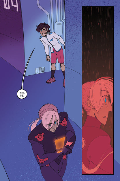 Page 5 - Panel one is an overhead shot of a young teen boy ducking around a corner behind her while she's still looking at her arm display. The boy says "Hiya, sis!" Panel two is an intense closeup on the protagonist's face as her eyes widen in fear. The whole panel is in red shift.