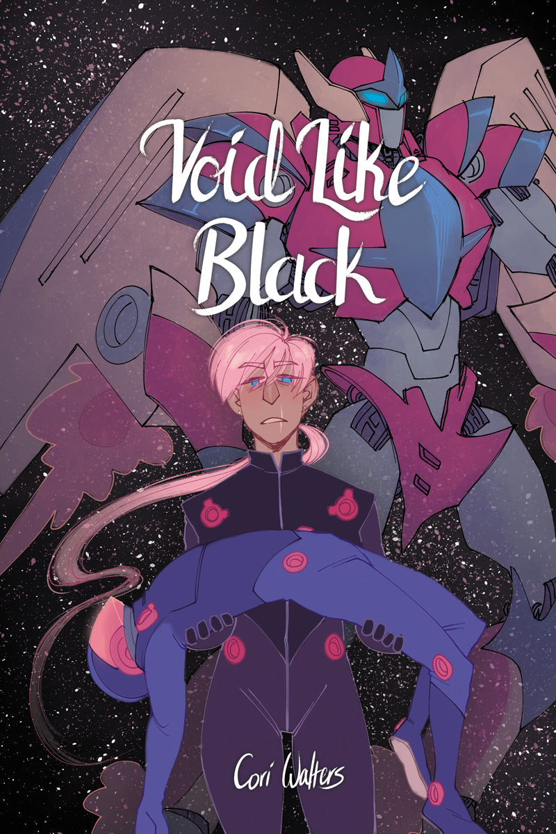Cover - An adult figure with pink hair and a scar on her face wearing a plug suit cradles the body of a young teen boy, also in a plug suit but this one in a helmet, as it flops lifelessly. Behind her is the image of a triumphant primary-colored hero mech with big rocket wings in front of a starry expanse of outer space.