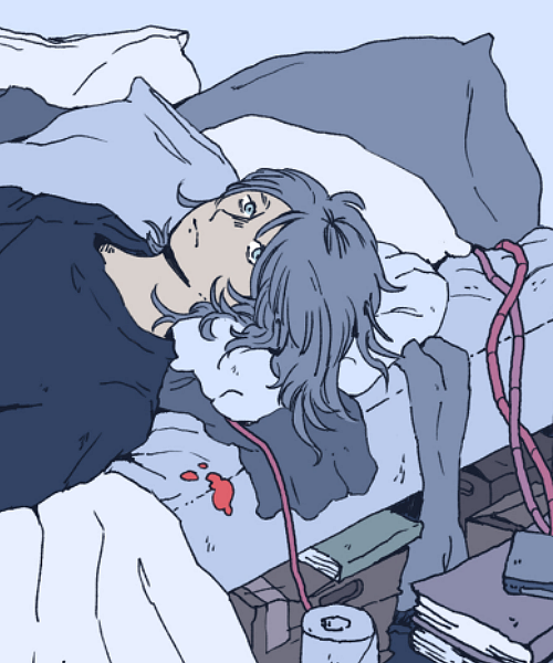 a white character with long blue hair is laying in bed with the head on pillows. surrounded by a cluttered room, with a drip of blood on the sheets