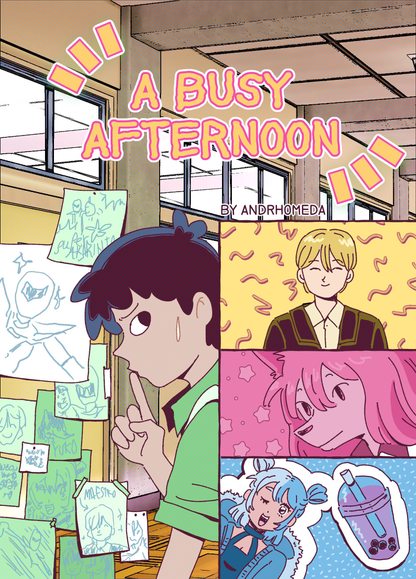 Cover of 'A Busy Afternoon' by Andromeda with very stylized illustrations.