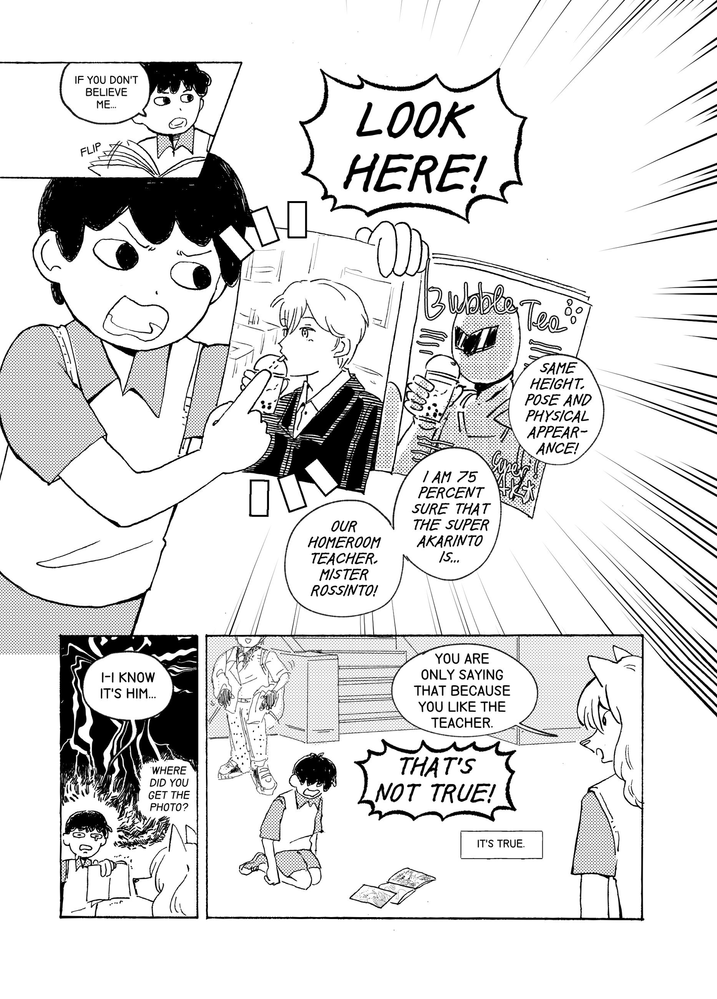 Zefiro, a middle schooler with black hair, is flipping a magazine and then pointing to a page. The page shows the masked superhero Super Akarinto, and a picture of the teacher in the same pose, drinking bubble tea, is attached. Zefiro is showing it to his friend, Yuko.
