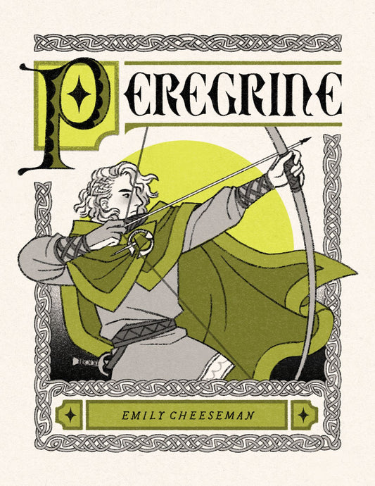 An archer in a green cloak aims a longbow underneath the title "Peregrine," lettered in a medieval-inspired typeface. The image is framed by decorative knotwork. 