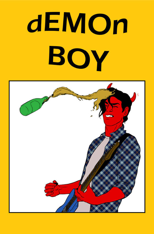Cover: A bright, uncomfortably yellow cover for dEMOn BOY, where the letters “EMO BOY” in the title are all capitalized for emphasis. The cover has a very ‘punk zine DIY’ feel to it, and features art of the titular Demon Boy. Victor, the Demon Boy, has red skin and is playing his guitar while getting splashed in the face from beer flowing from a green bottle someone has thrown at him.