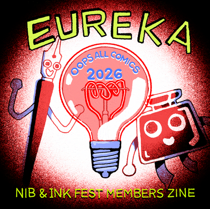 Illustration of the cover with 'Eureka' and 'Oops All Comics 2026' text, featuring the mascots Inkling and Nibford.