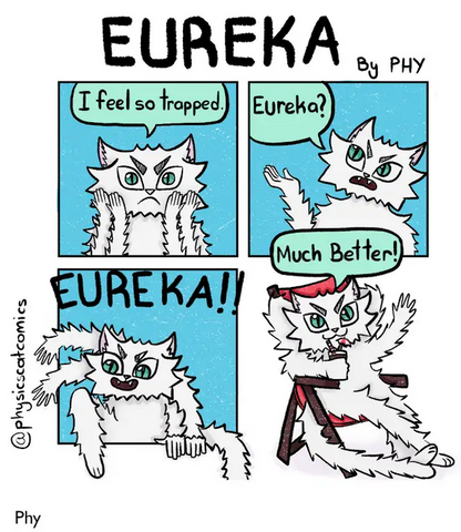 Comic strip with a cat character expressing frustration and relief, titled 'Eureka' by PHY.