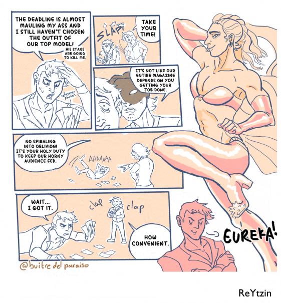 Comic strip with a character in a revealing outfit.
