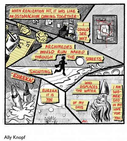 Comic with text bubbles and dynamic lines, featuring a person running and expressing excitement over hugging a squid.