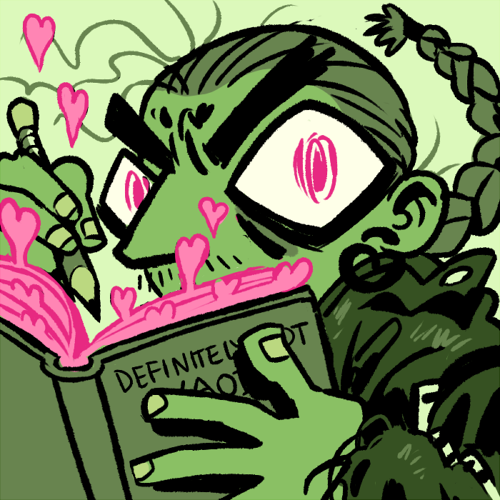 A scruffy green person with severe eyes and a long braid clutches a sketchbook. The pages are glowing pink and turning into floating hearts.