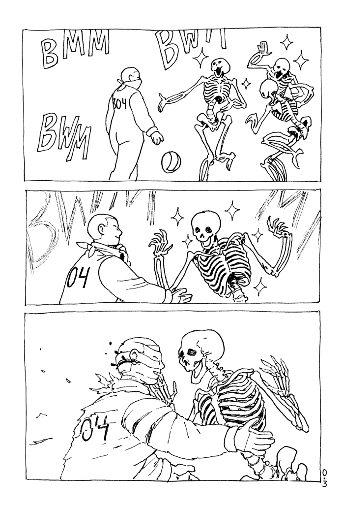 Page 3, Panel 1. The worker draws close, throwing off her helmet. Panel 2. She pulls down her bandana and reaches out to the skeleton. Panel 3. The skeleton gently touches her face, and her skin splits at the seams.