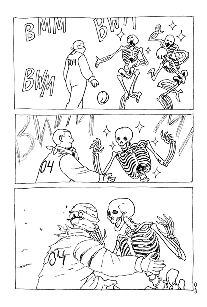 Page 3, Panel 1. The worker draws close, throwing off her helmet. Panel 2. She pulls down her bandana and reaches out to the skeleton. Panel 3. The skeleton gently touches her face, and her skin splits at the seams.
