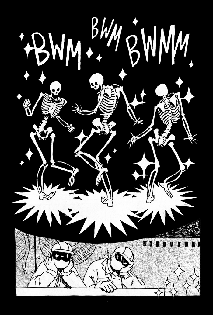 Page 1. Three sparkly skeletons dance in the dark, while two human workers, clad head to toe in safety gear, watch them.