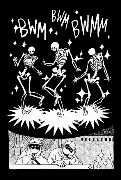 Page 1. Three sparkly skeletons dance in the dark, while two human workers, clad head to toe in safety gear, watch them.