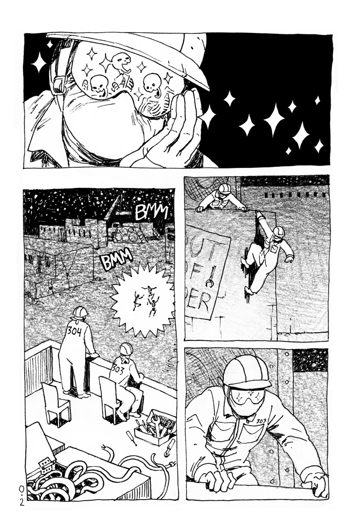 Page 2, Panel 1. The worker looks longingly through their goggles at the skeletons. Panel 2. She stands from her chair. The skeletons give off a strong light in the distance. Panel 3. She climbs down the side of the building. Panel 4. The other worker looks on in dismay.