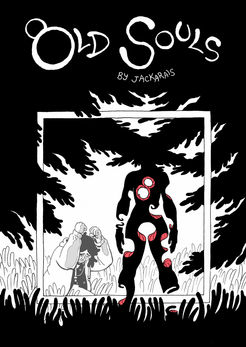 Cover: Title reads: "Old Souls, by Jackarais." Silhouetted pine branches and tall grass frame a woman crying on her knees next to another woman, whose body is marred with holes. A white box separates the two. 