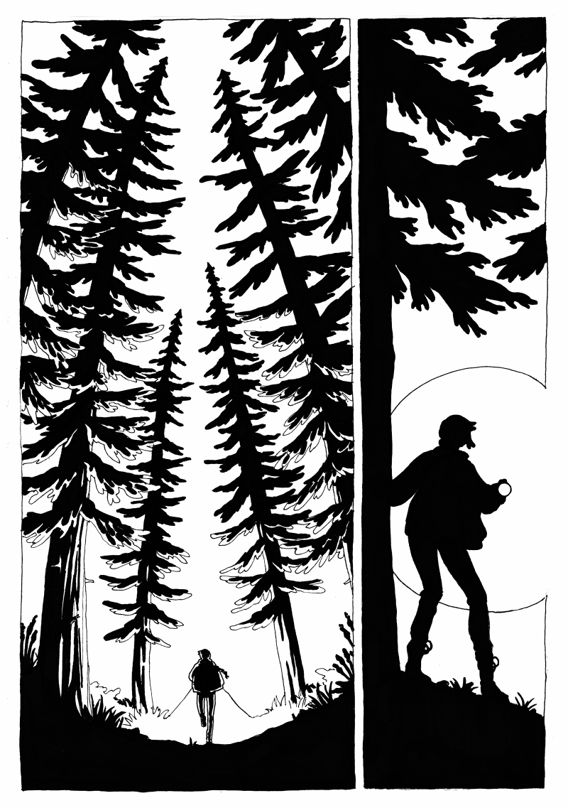 Page 1, Panel 1: Amarante is wandering in the woods. Tall pine trees are all around. Panel 2: Silhouetted, she shines her flashlight at us.