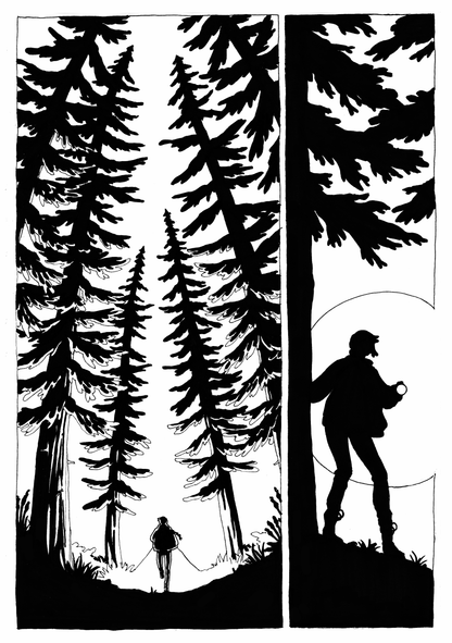 Page 1, Panel 1: Amarante is wandering in the woods. Tall pine trees are all around. Panel 2: Silhouetted, she shines her flashlight at us.