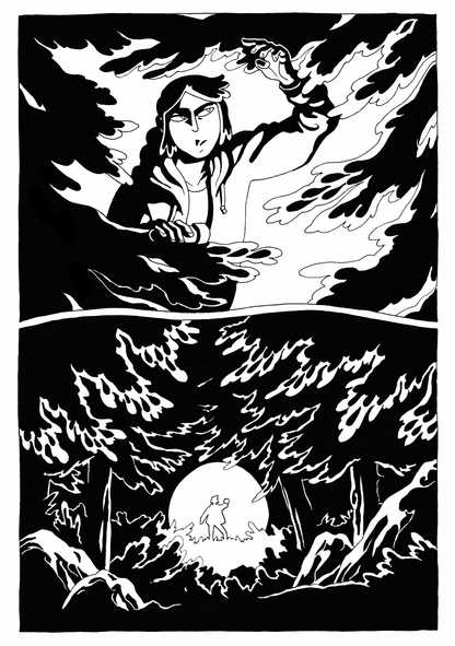 Page 2, Panel 1: Amarante walking along between pines and deciduous trees in the dark. Panel 2: Here she is, framed by dark pine branches. Panel 3: She looks up at a grove of very thick pines.