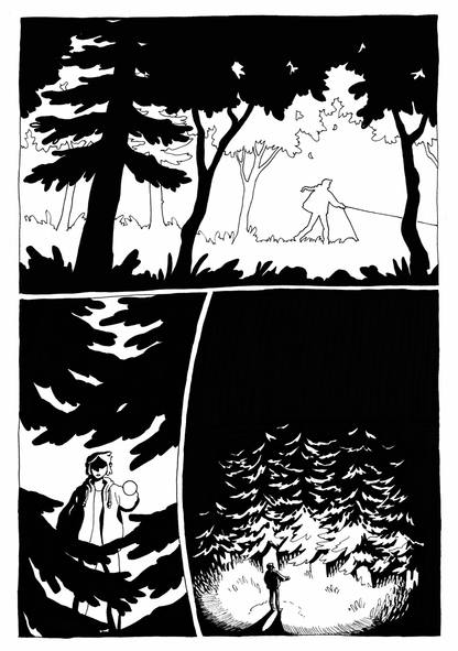 Page 3, Panel 1: Amarante pushes through the thick branches. Panel 2: She shines her flashlight into this new, darker place, overgrown with foliage...what will she find?