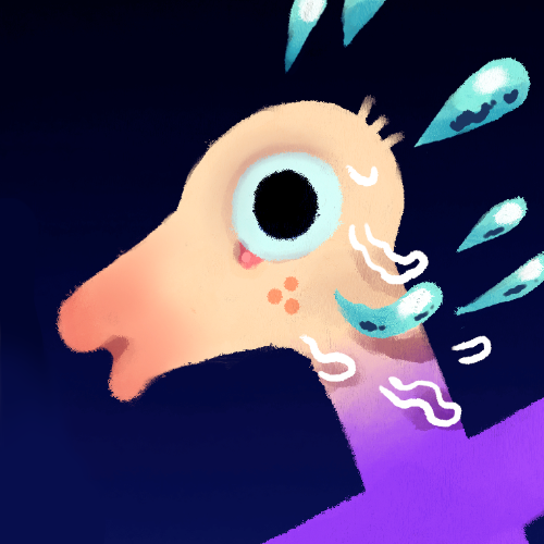 Cartoonish creature with a large eye and blue tears and sweat on a dark background.