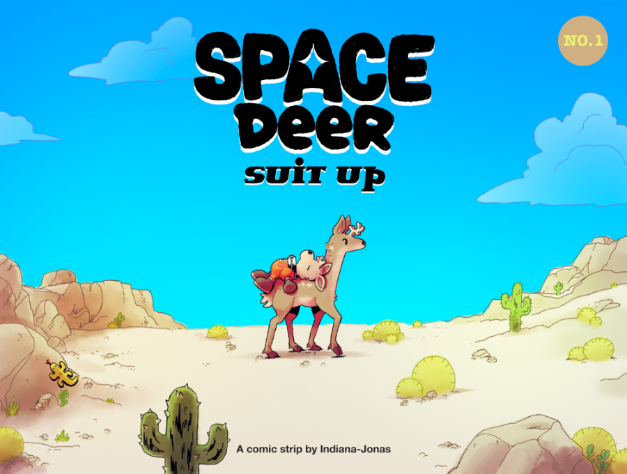 A small bipedal deer wearing a space suit sleeps on the back of an ordinary deer. The deer is walking through a bright desert.
In the clear blue sky above the deers is a logo, it reads, "Space Deer." At the bottom of the page is written, "by Indiana-Jonas."
