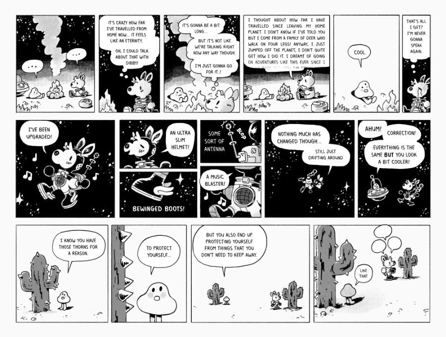 A comic strip where Dibby and Space Deer looks at the moon and says how beautiful it is. They fly to the moon and then Dibby says how pretty it is down on earth.
A comic strip where Space Deer and Dibby discuss what Dibby cares about. "Nothing," she says. Then Space Deer leans against her saucer and upset her.
A comic strip where humans in an observatory gaze into space and don't spot Space Deer, who feels unseen.