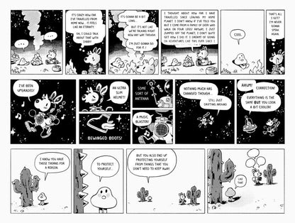 A comic strip where Dibby and Space Deer looks at the moon and says how beautiful it is. They fly to the moon and then Dibby says how pretty it is down on earth.
A comic strip where Space Deer and Dibby discuss what Dibby cares about. "Nothing," she says. Then Space Deer leans against her saucer and upset her.
A comic strip where humans in an observatory gaze into space and don't spot Space Deer, who feels unseen.