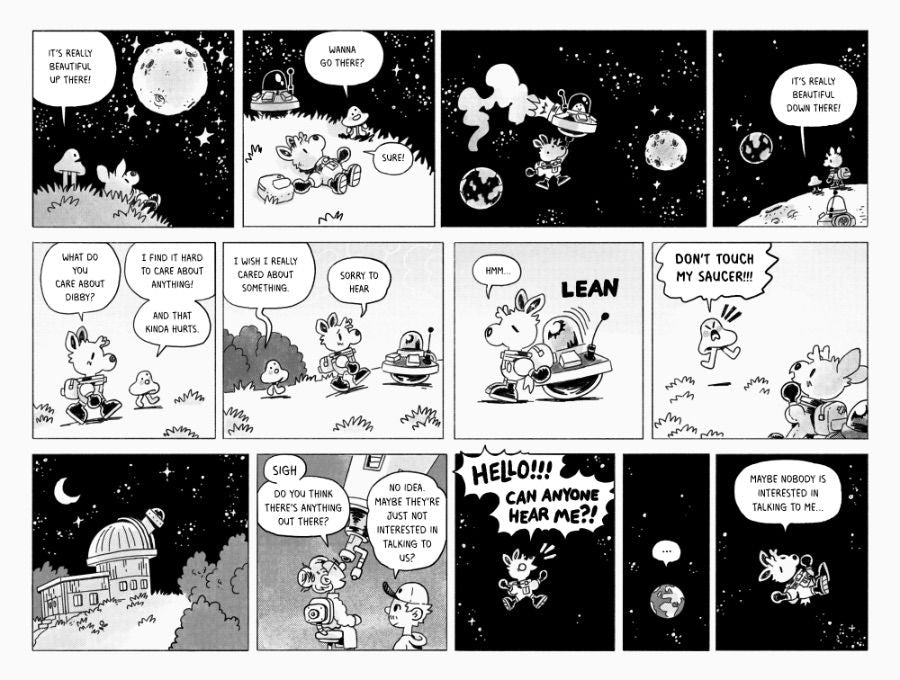 A comic strip where Space Deer and Dibby have an awkward conversation by the campfire.
A comic strip where Space Deer has been upgraded with all kinds of cool gadgets.
A comic strip where Dibby talks to a cactus, understanding how its thorns keep people away, and yet somehow Space Deer doesn't mind and hugs them anyway.