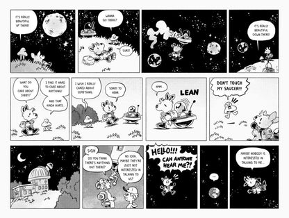 A comic strip where Space Deer and Dibby have an awkward conversation by the campfire.
A comic strip where Space Deer has been upgraded with all kinds of cool gadgets.
A comic strip where Dibby talks to a cactus, understanding how its thorns keep people away, and yet somehow Space Deer doesn't mind and hugs them anyway.