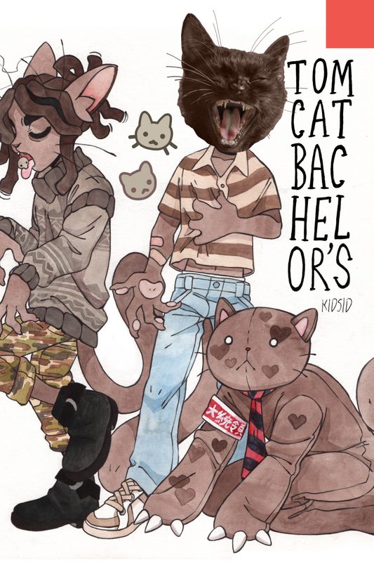 Cartoon illustration of a cat-like character with a person, surrounded by small cat illustrations, on a white background.