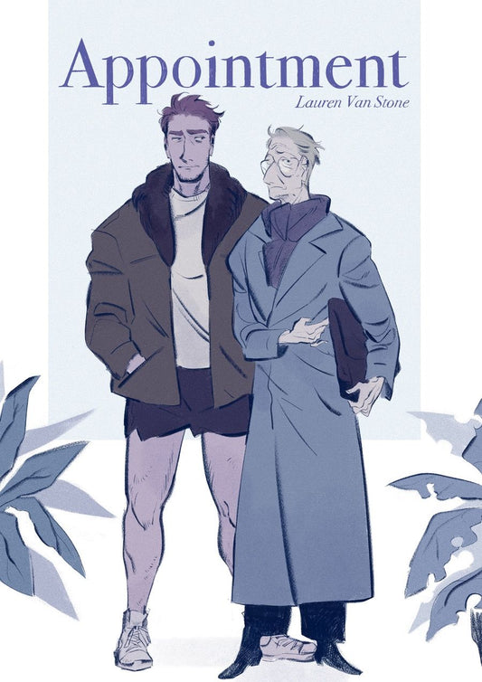 Cover image reads ‘Appointment’ by Lauren VanStone, with two characters standing side by side, flanked by plants. To the left, a red-headed young man, and to the right, an older man. Both wear winter coats, with dissatisfied expressions.