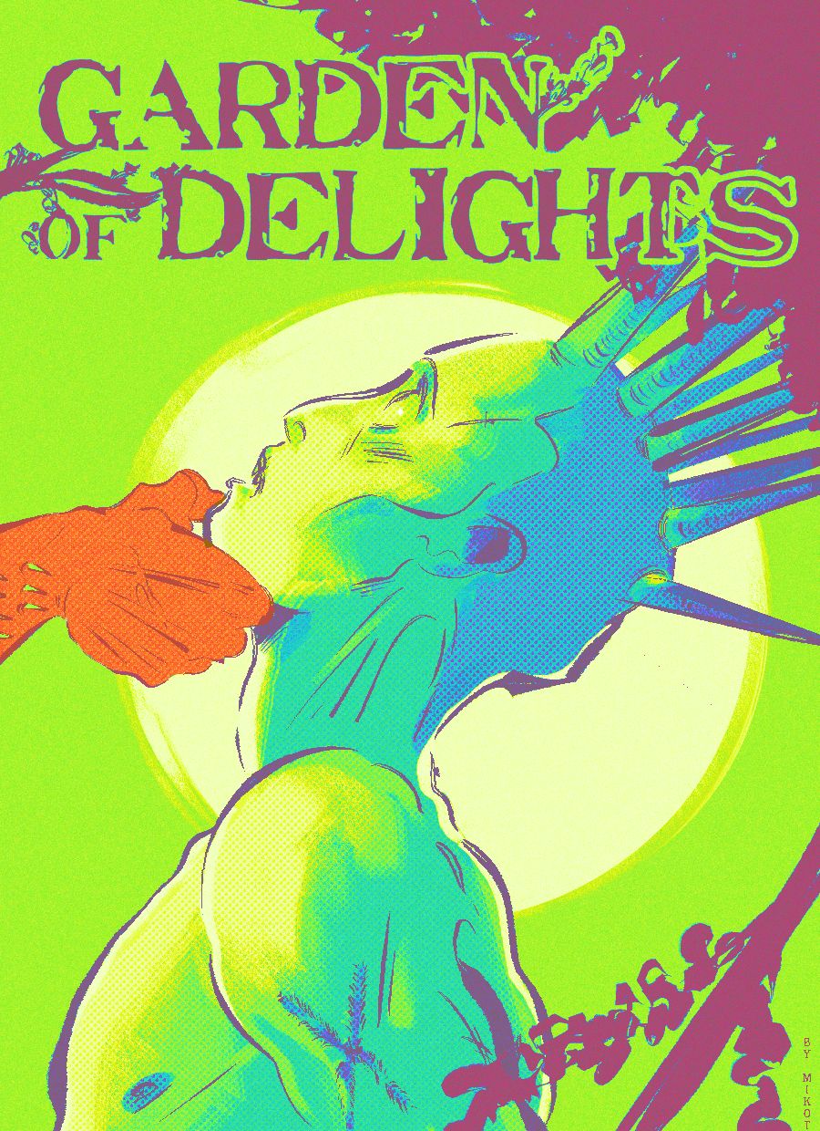 Cover: The Lichen creature is at the center, lit by a shining glow from behind. It’s looking in adoration at the Saintess, off-screen, whose thorny hand is tilting the creature’s head towards her. The leaves and branches of the tree in the right are almost embracing the creature, surrounding it in Blessing.