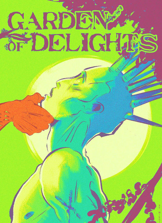 Cover: The Lichen creature is at the center, lit by a shining glow from behind. It’s looking in adoration at the Saintess, off-screen, whose thorny hand is tilting the creature’s head towards her. The leaves and branches of the tree in the right are almost embracing the creature, surrounding it in Blessing.
