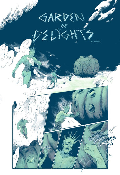 Page 1 : It’s night time. A tall Lichen creature is taking steps towards a giant round cactus edifice with difficulty, as if wounded. Its hair is formed of long rigid upward spikes, and its skin is very dry. It stops in front of the cacti structure and knocks politely then bangs its hand loudly against the hard surface.