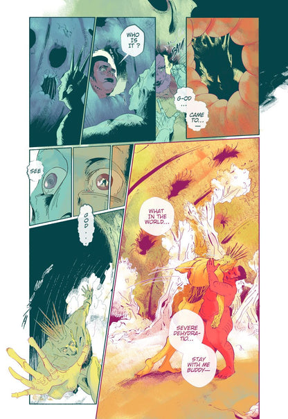 Page 2: Something like a hole opening appears on the surface and from it a Cacti butch with a dark buzzcut appears, asking : « Who is it ? ». The Lichen in its despair bangs its fist against the surface again, we don’t see its face, hidden in the dark. With a feeble voice it murmurs : « G-od… Came to—…  »A close up on its bulging eyes show us the cacti fully opening the mausoleum’s door. « See— GOD… », the creature repeats before falling forward, its weight no longer supported by the