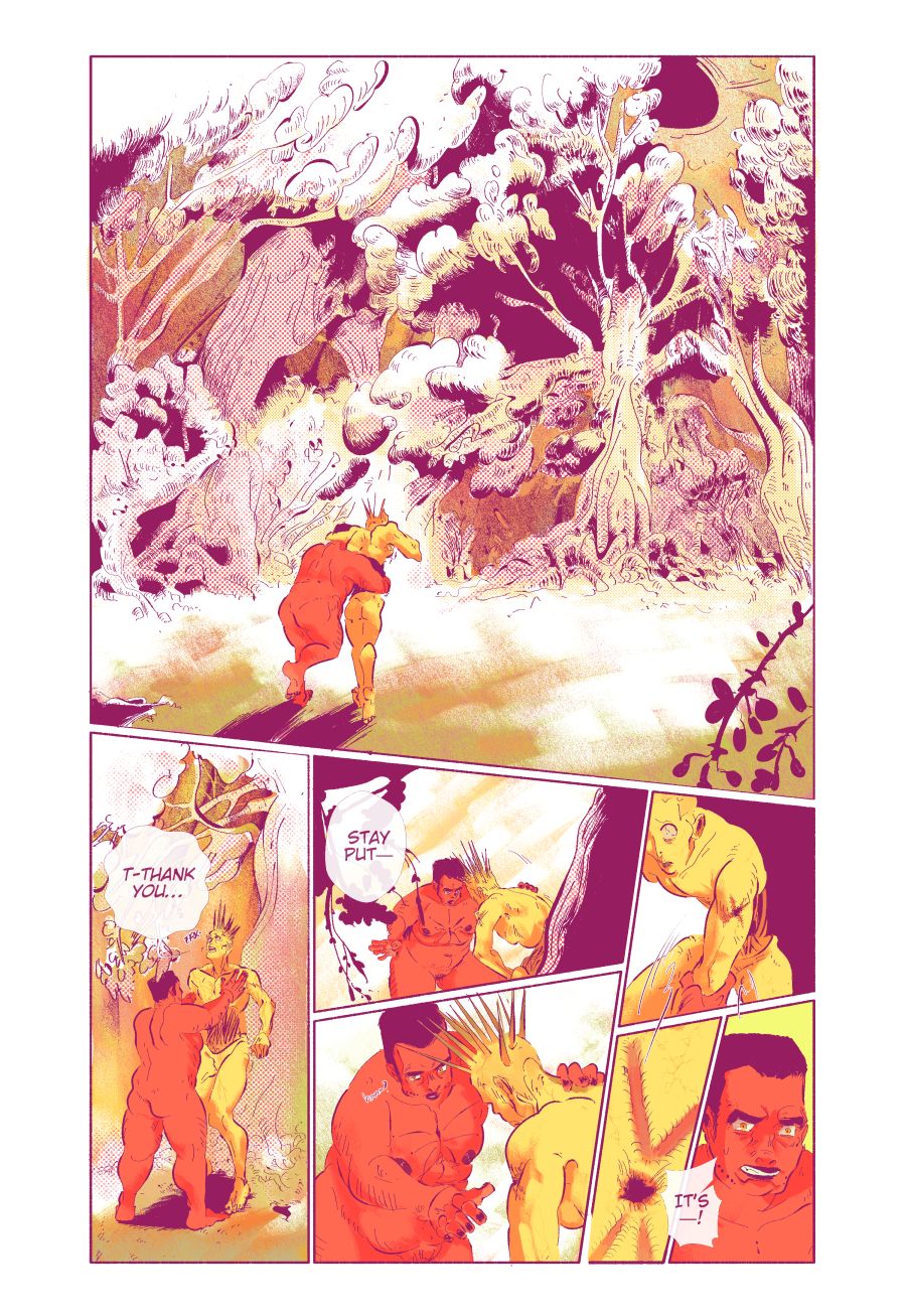Page 3: The interior is the complete opposite to the arid outside. Here there are huge, ancient and leafy trees surrounding them. The two figures are walking towards the central tree, the Lichen supporting itself by slinging an arm over the Cacti’s left shoulder, while it is supported by the waist with the Cacti’s right arm. It thanks the Saintess while the latter helps the staggering Lichen against the solid trunk of a tree. The Saintess asks of It to stay put then her sharp gaze finds a raw...